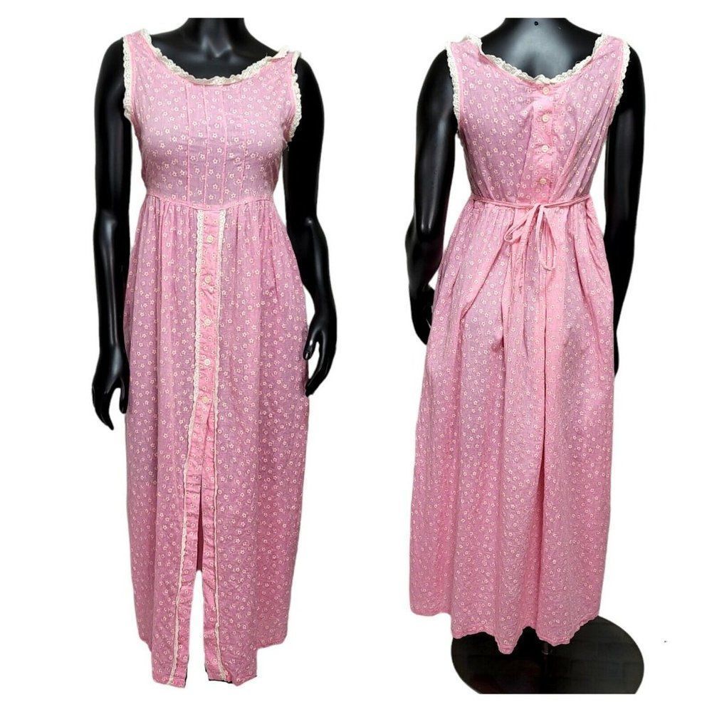 Vintage Pink Floral Lace Pintuck Sleeveless Button Front Maxi Dress Tie Back